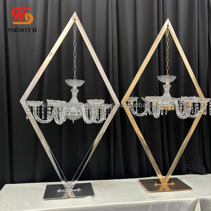 SMOOTH Hot Sell Gold And Silver Tall Diamond Frame Hanging Crystal Chandelier Centerpiece Wedding Table  Centerpiece