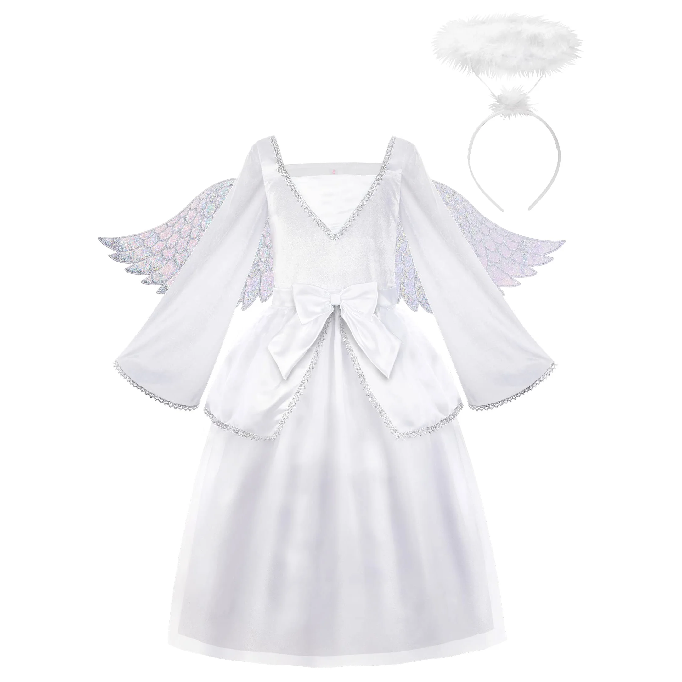 Halloween Girls Angel Costume for Kids White Fancy Princess Tulle Dress Halloween Party Angel Dress with Wings and Halo