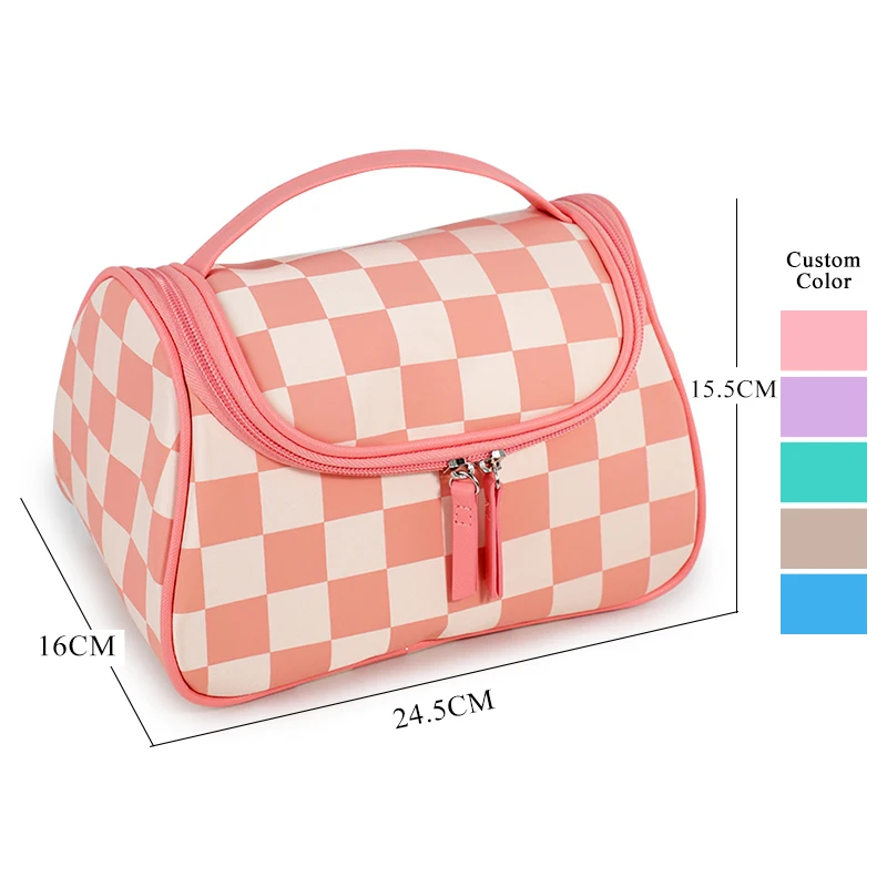 Custom Checkered print Travel Ladies Large Cosmetic organize High Quality Waterproof Nylon Makeup Bag