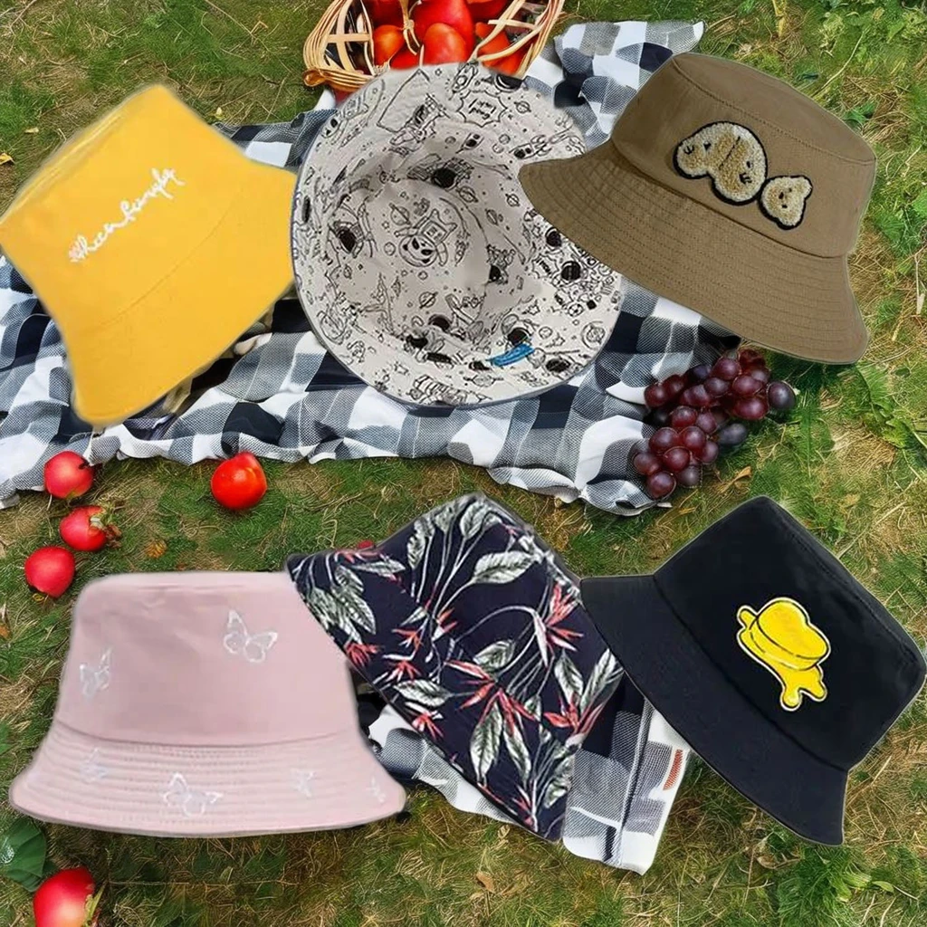 Private Label Designer Unisex Cotton Bucket Cap Custom Logo Fisherman Print Reversible Daily Cycling Party Use Adult Kid Fish