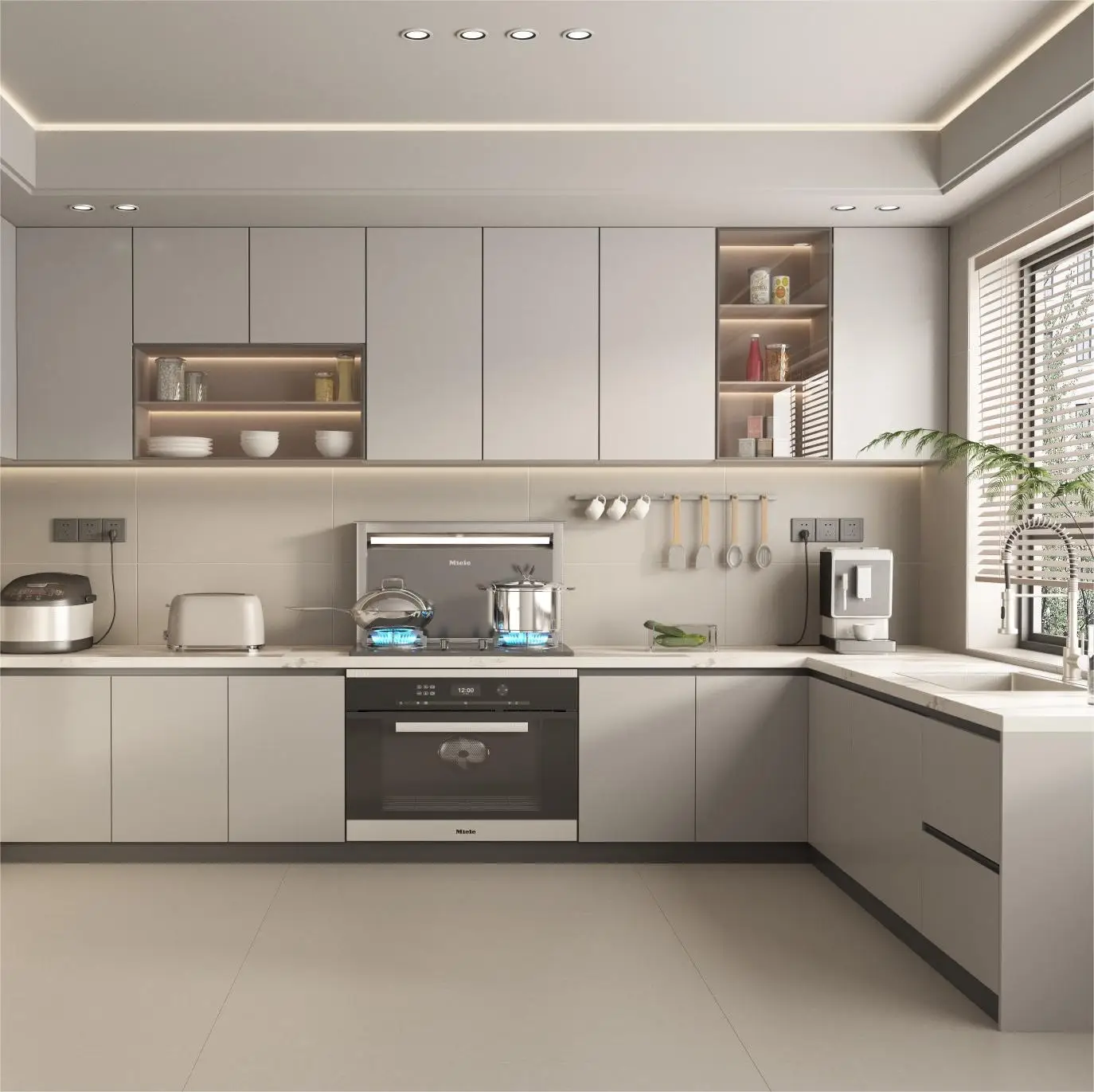 Белый лак кухонный шкаф Cucine с большим островом и высоким блоком бега