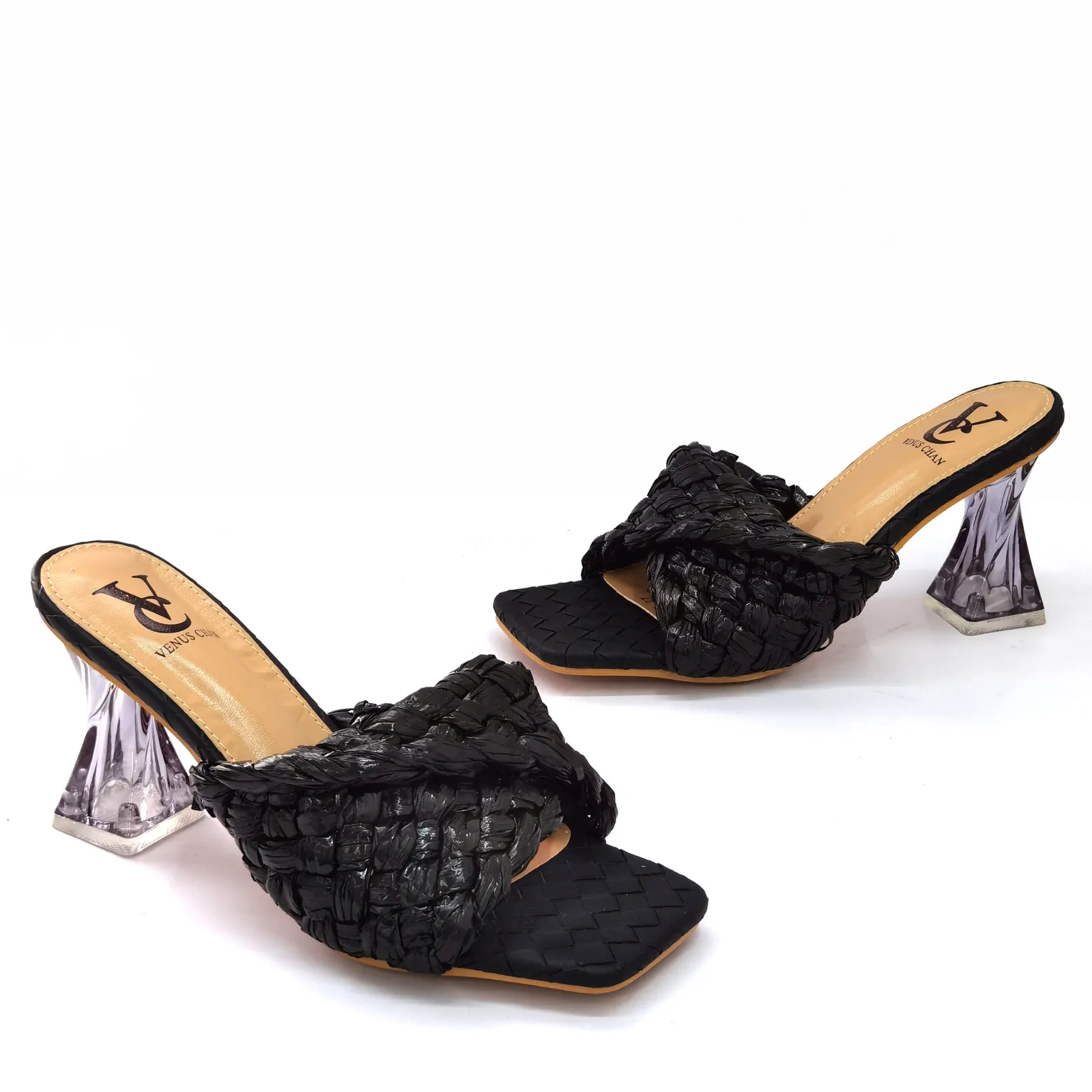 Factory wholesale printed flower pu pointed toe high heel sandal shoes women