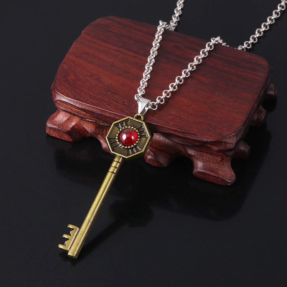 Bizarre Adventure Anime Cosplay Pendant Necklace Key Shape Inlay Ruby Bronze Color Jewelry Link Chain for Women Man Gifts