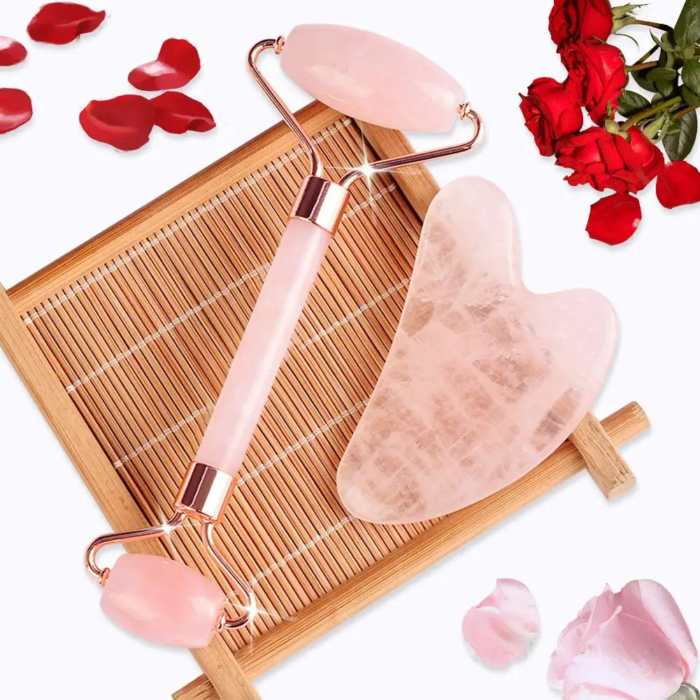 Private Label Customization Facial Anti Aging Pink Rose Quartz Jade Roller and Guasha set