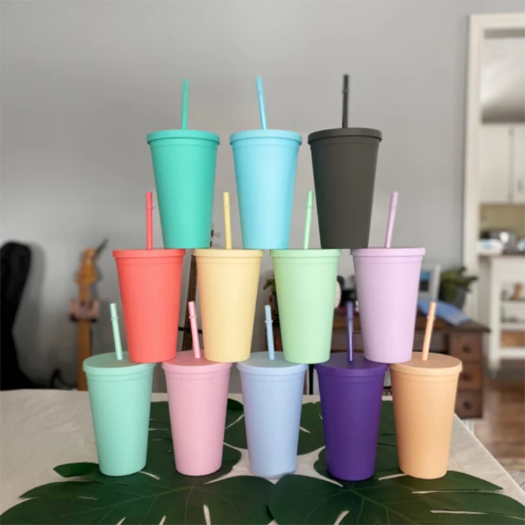  16oz пастельного цвета акриловые коробки с крышками и трубочки двойными стенками Матовый пластиковые оптовые стаканы по индивидуальному заказу канвой дают вам возможность самостоятельно украсить свой