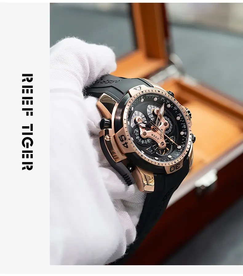 Reef Tiger RGA3503 2024 Watch Rubber Automatic Calendar Date Day Complicated Black Dial Mechanical Bracelet tiger reef watches