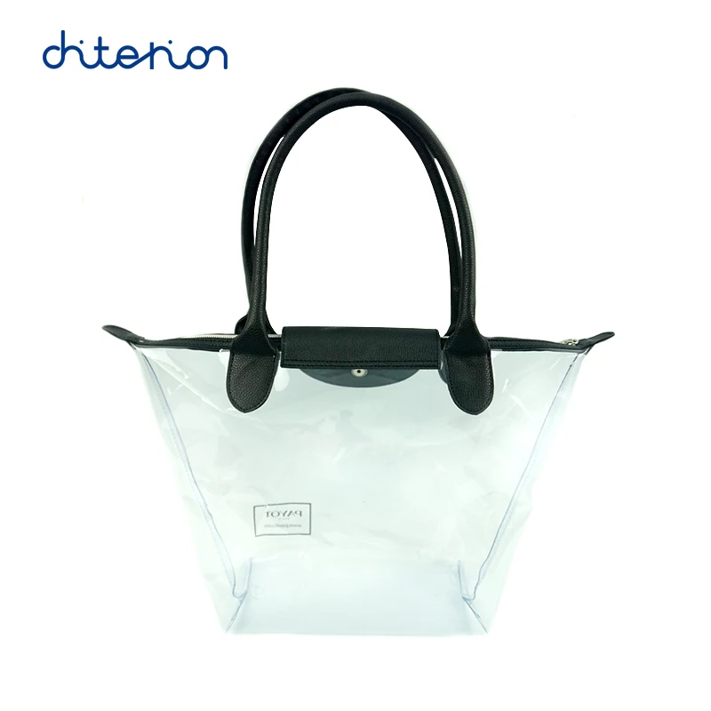 Chiterion Fashion Portable Clear PVC Tote Bag Eco-friendly Transparent Women Clutch Handbag Purse Pouch With PU Leather Handles