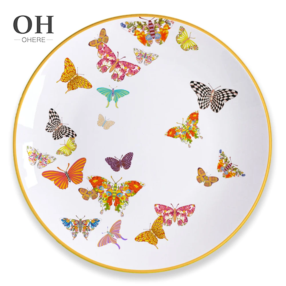 Colorful butterfly Ceramic Dish Gold Rim Ceramic Dinner Plate Set Bone China Charger Plate for Party Rent  Wedding Plates