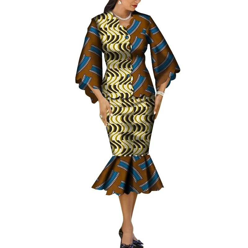 Африканская юбка WY5626 для женщин, одежда с круглым вырезом и африканским принтом для женщин, хлопковая юбка с длинным рукавом, африканская традиционная одежда