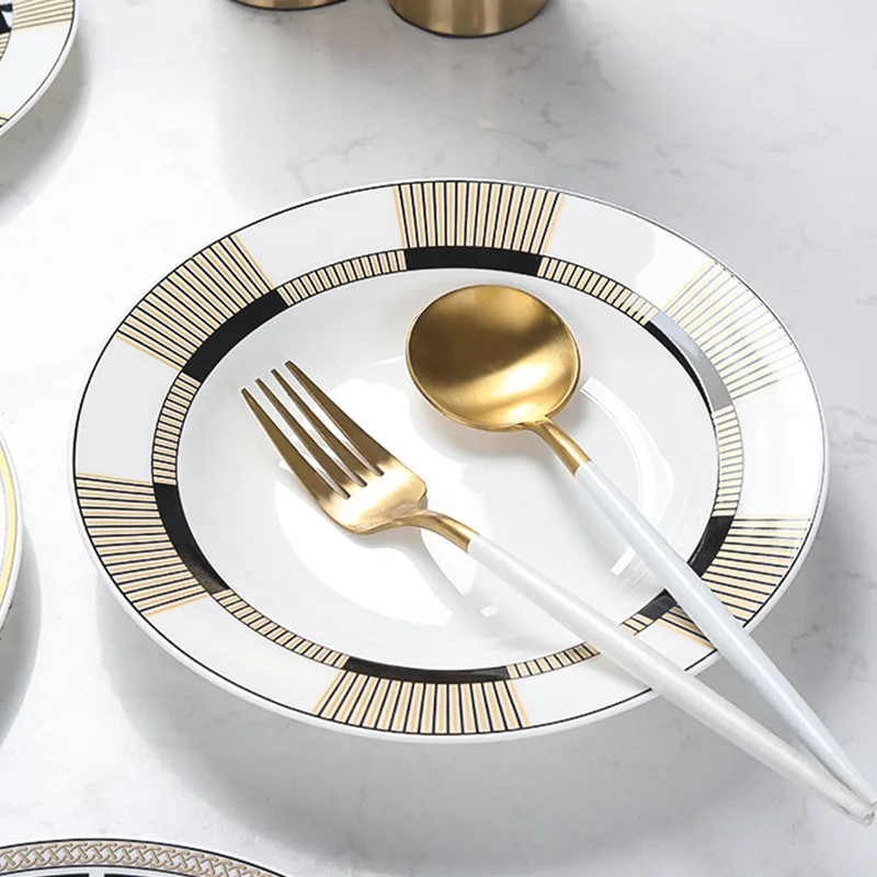 European Luxury Home Wedding Party Fine Dining Bone China Geometric Pattern Dinnerware Tableware Flatware Bowl Dishes & Plates