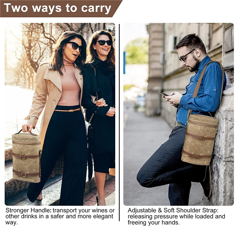Custom Distressed Waxed Canvas Wine Tote Gift Bag Picnic 2 Bottle Insulated Wine Bag luxury wine bottle bag