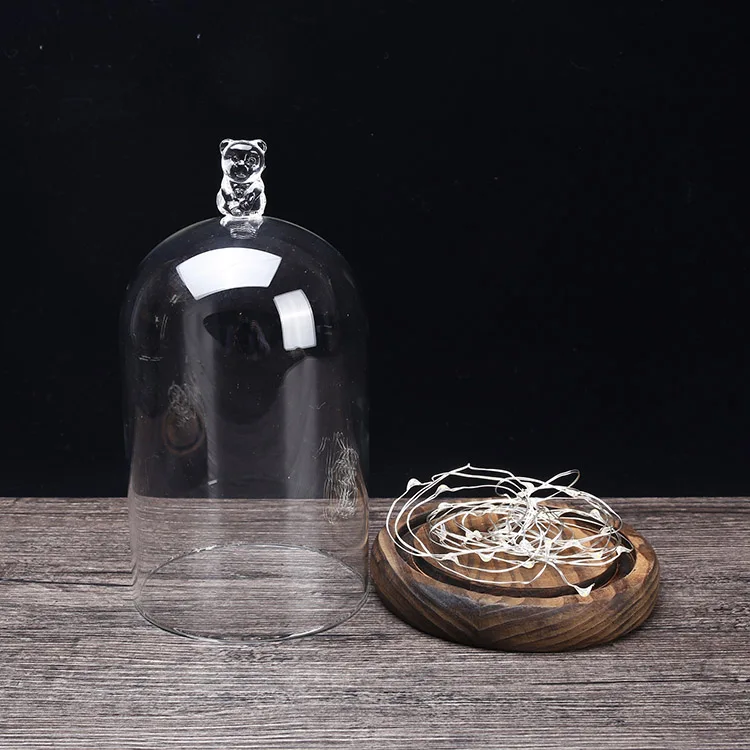Wholesale Lovely Bear Glass Dome with Flashing String Light Wood Base with Battery Power