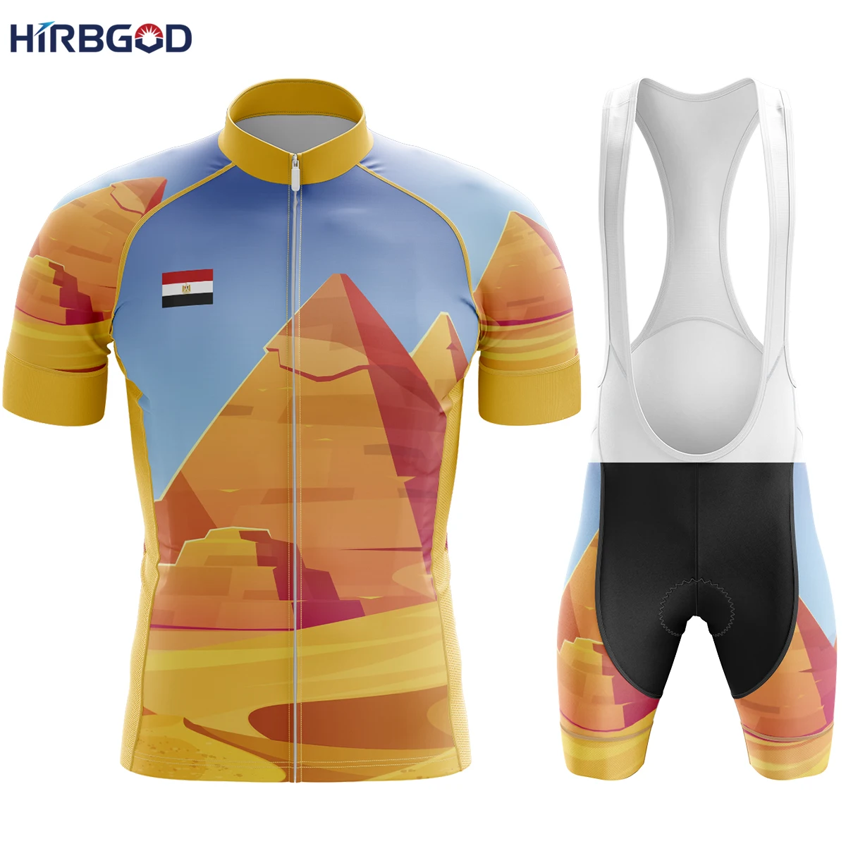 HIRBGOD Mens Egyptian National Cycling Team Bicycle Jersey Set Outdoor Full Zipper Cycling Wear  Classic Bib Short