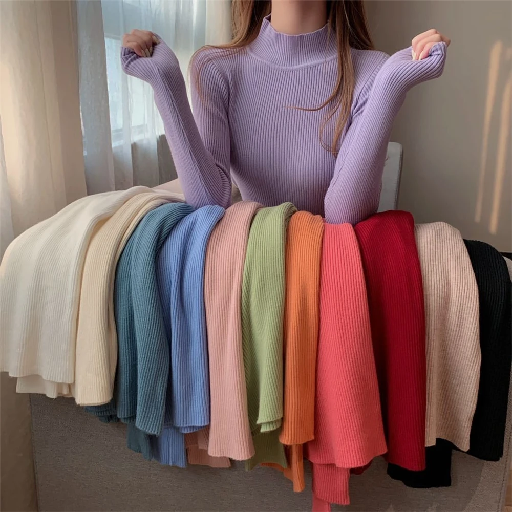 ANSZKTN ANSZKTN Women Girls Knitwear Stand Collar Pullover Blouse Long Sleeve Solid Color Knit Slim Casual Sweater