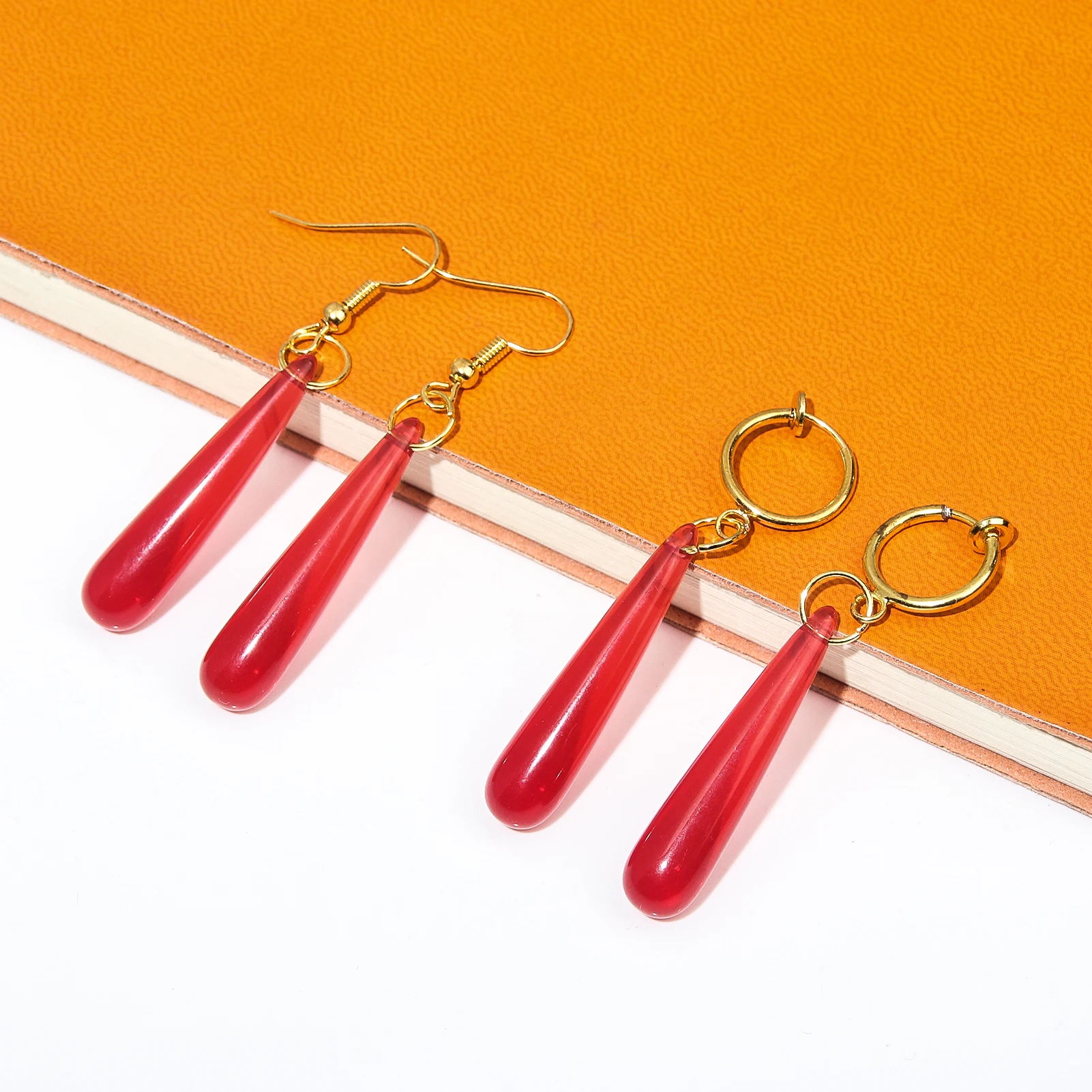 Anime Frieren at the Funeral Red Water Drop Earring Ear Clips For Women Men Cosplay Jewelry