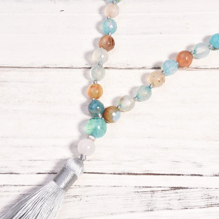 108 Mala Beads Necklace 8Mm Agate Labradorite Meditation Necklace Bohemian Hand Knotted Tassel Necklace