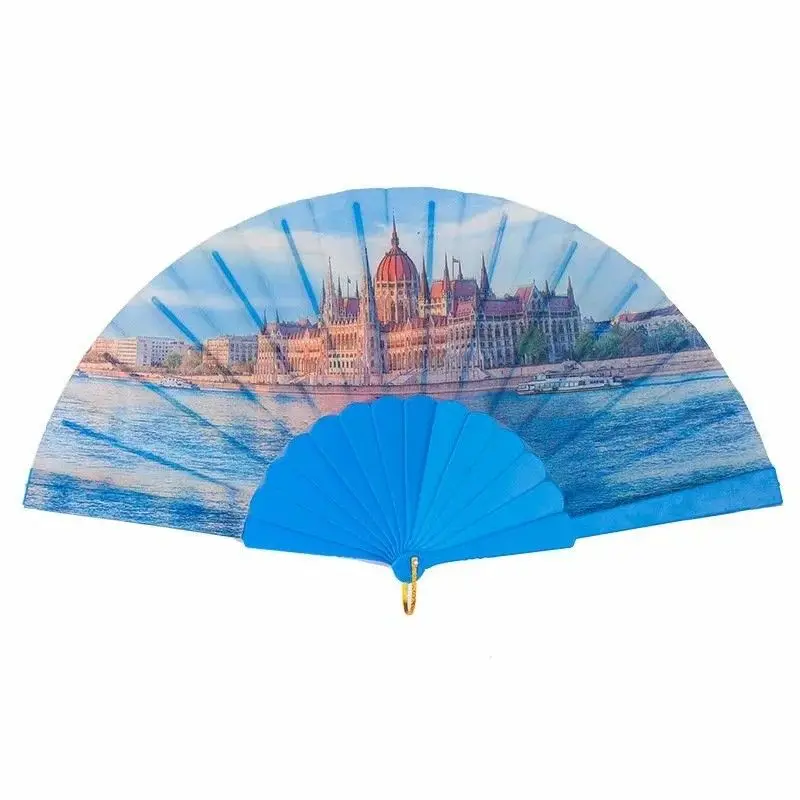 Wholesale Manufacturing 23cm Custom Colored Plastic Rib Satin Oxford Cloth Folding Hand Fan for Promotion