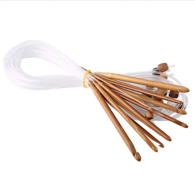 12 Sizes Wooden Bamboo Afghan Tunisian Crochet Hooks Set with Plastic Cable Bamboo Crochet Knitting Needles Hooks