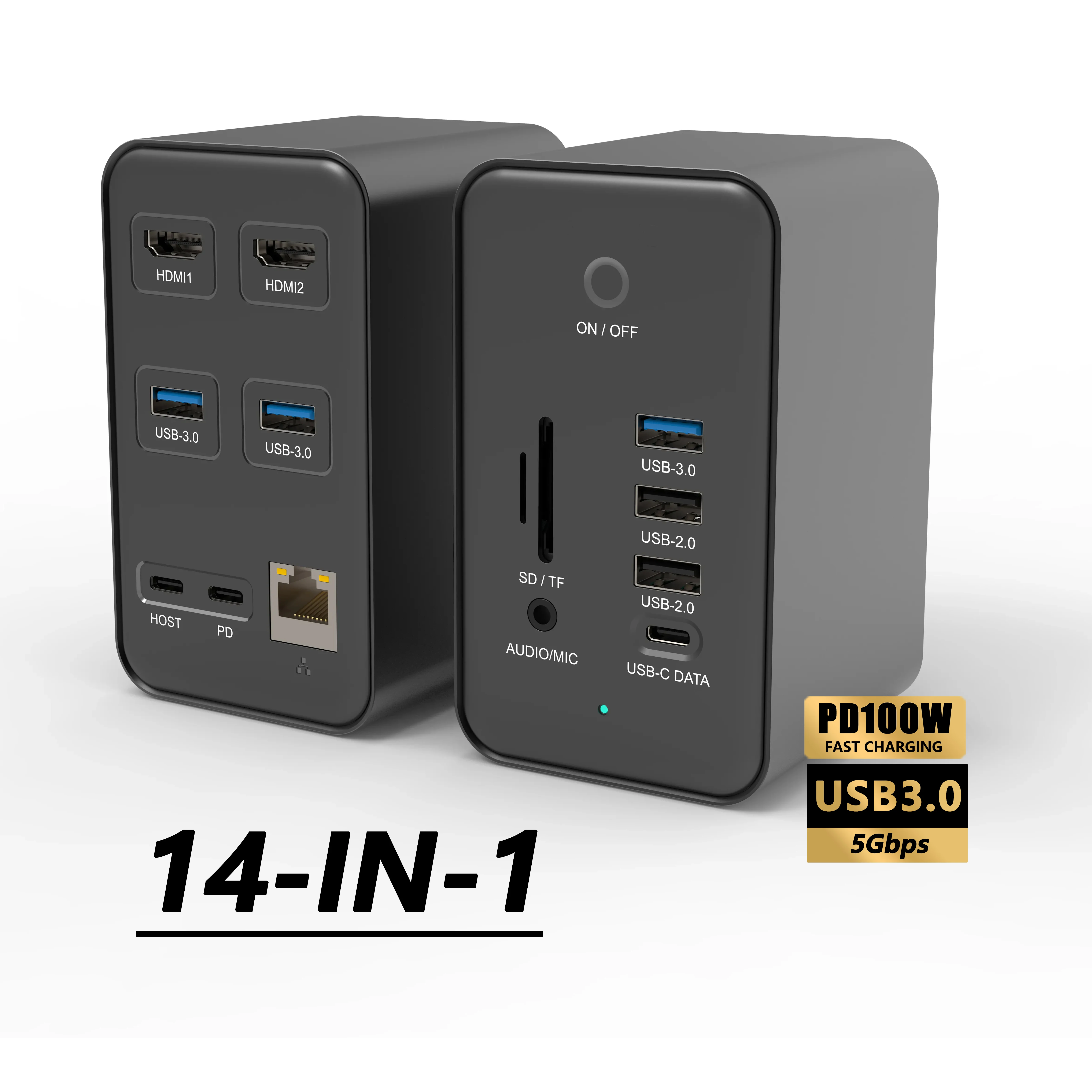 Ultra-stable 14 Port USB Hub Type C 5Gbps 3.5MM Audio MIC Dock Station 4K HDTV 14 in 1 Dual USB-C RJ45 PD Fast Charging For PC