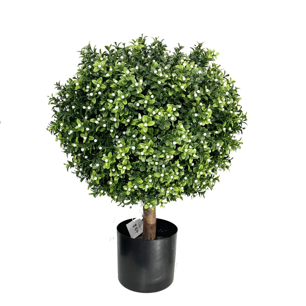 artificial boxwood single ball topiary in wood truck with black plastic pot uv protected outdoor and indoor plant