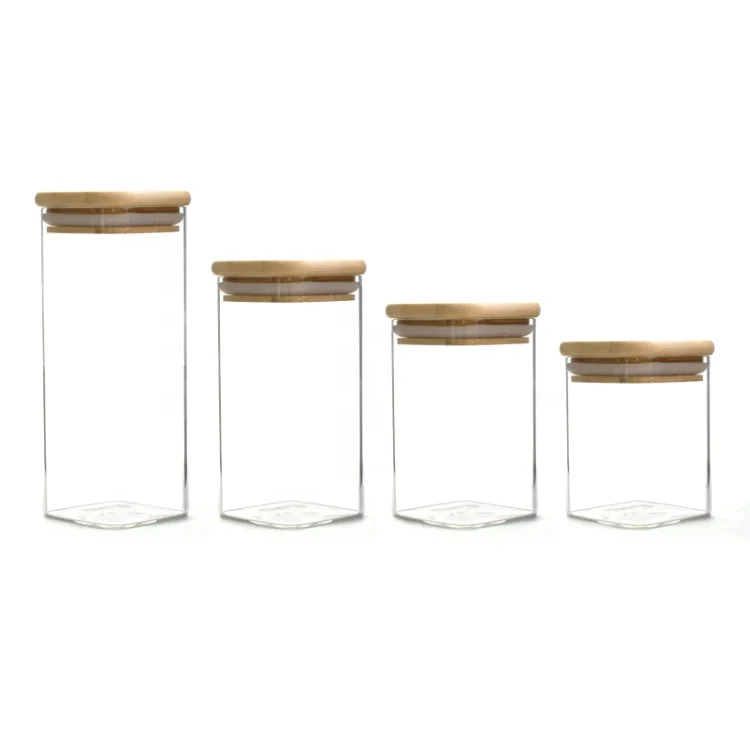 Square spice jar cork stopper food storage bamboo wooden bottle cork 250ml glass jar salt rice bean airtight wide mouth jar