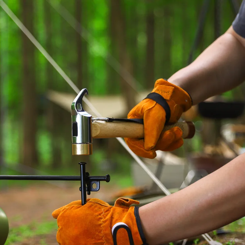 Outdoor Non-slip Camping Hammer With Wooden Handle Multi-function Stainless Copper Head Hammer Tent Ground Pegs Pulling Hammer