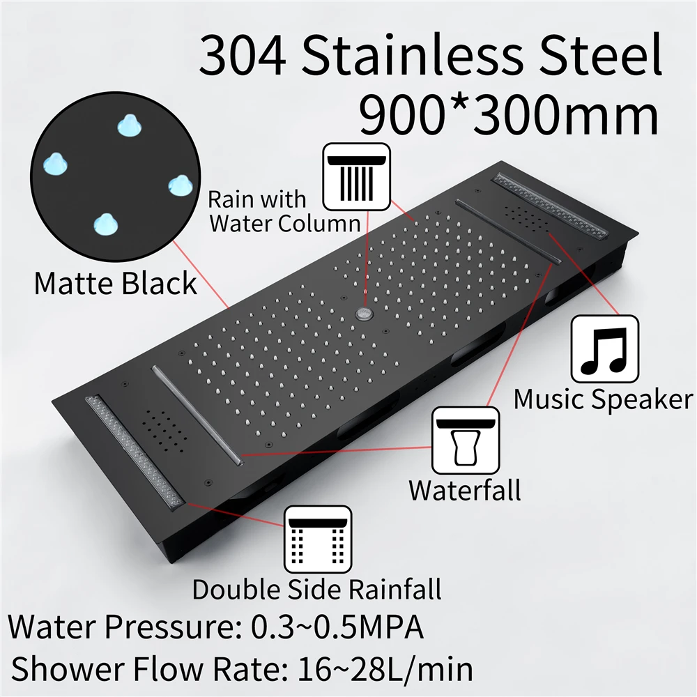 36*12inch Music Led Water Column&Rain Waterfall Shower Temperature Display Button Control Thermostatic Shower Faucet