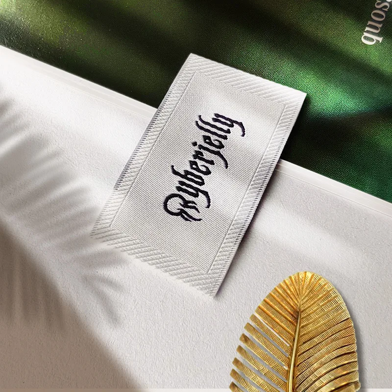 Luxury Fashion Custom Brand Logo Damask Plain Folded Satin Texture Garment  Woven Neck Sewing Clothing Labels Tags