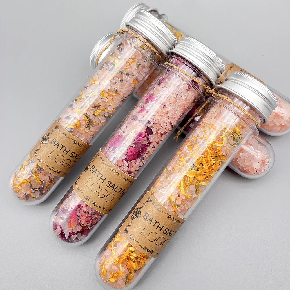 Handcrafted PET/Glass Test Tube Set Natural Himalayan Pink Epsom Bath Salts Rose Scent Body Relaxation Option Mineral Ingredient