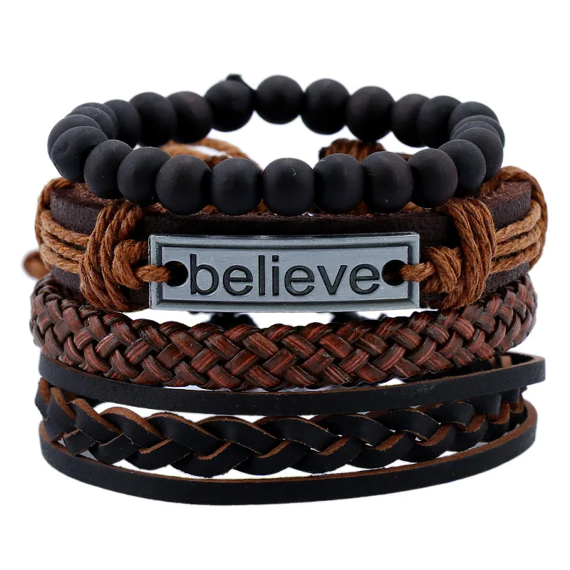 Woven Braided Leather Hemp Cords Wood Beads Wrap Bracelet for Men