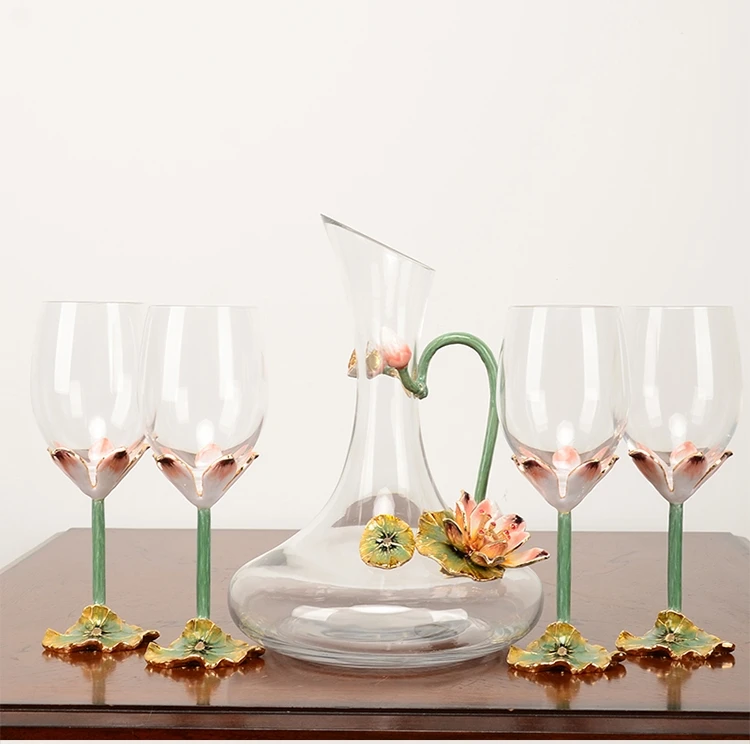 Lotus Enamel Crystal Glass Goblet set of 4 Handmade Flower Wine Glasses for Wine Tasting Christmas Gift copa de vino copa