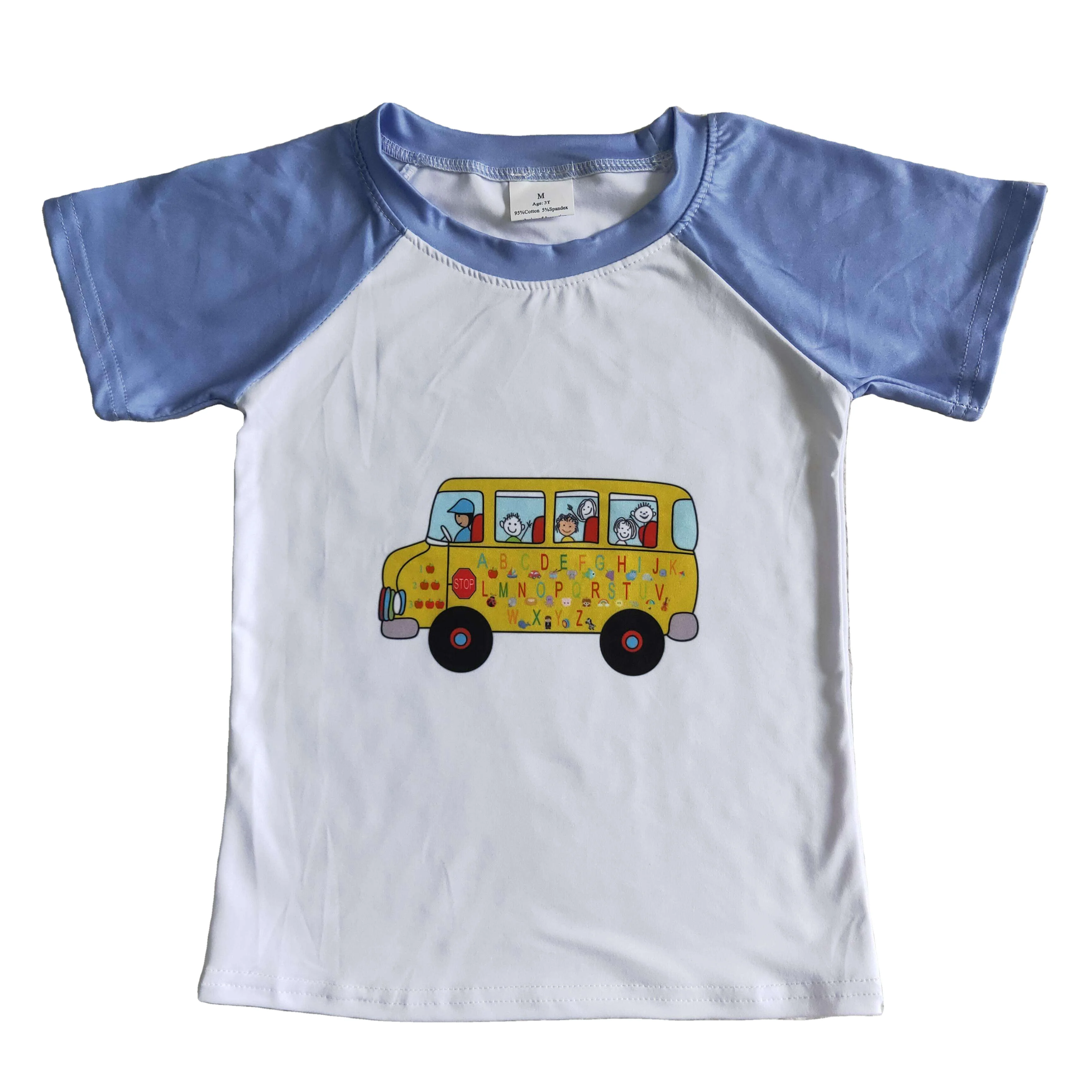 Bus Print Raglan Short Sleeve Tops Back to School Summer Wholesale Clothes Kids Toddlers Little Boys T-Shirts
