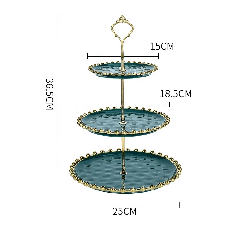 3 Tier Cake Stand Ceramic Dessert Plate Server for Birthday Fruit Display Wedding Cake Stand Serving Tool with Gold Beaded Rim