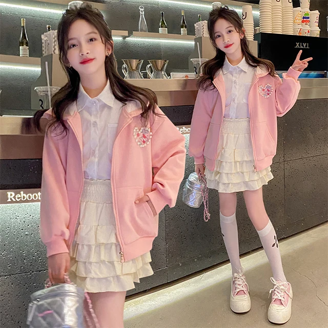 Factory Direct Girls Spring 2024 Pearl Embellished Hoodie Pleated Skirt Set Children Clothes 2 Pieces Set Girls Clothing Sets