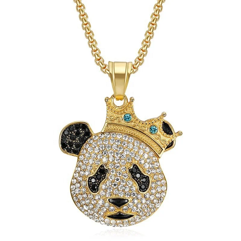 PVD Gold Color Plating Hip Hop Diamond with Stainless Steel Crown Panda Head Pendant Necklace
