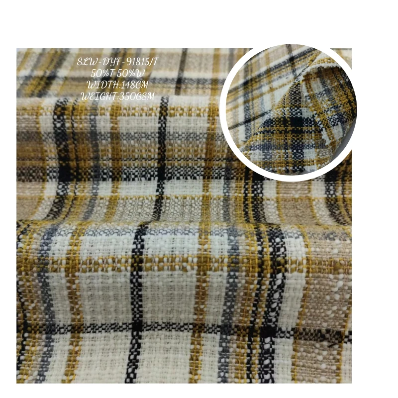 Fashion yarn dyed fabric woven wool plaid black 350gsm 50% polyester 50%wool fabric for coat
