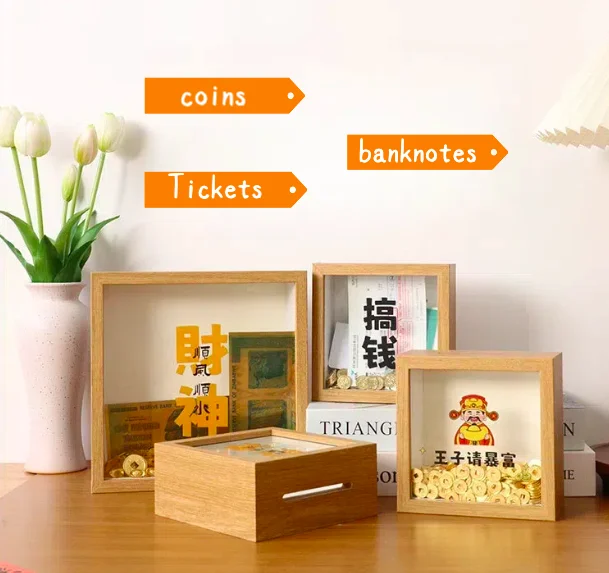 Wholesale Square Wooden Saving Money Box Photo Frame Shadow Box For Kids Gift