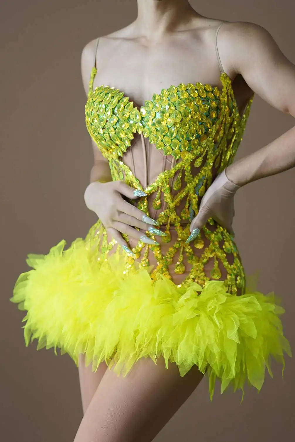 Ocstrade Sparkly Sequin Party Club Dress Spaghetti Strap Mesh Design Performance Mini Dress With Crystal For Birthday Party