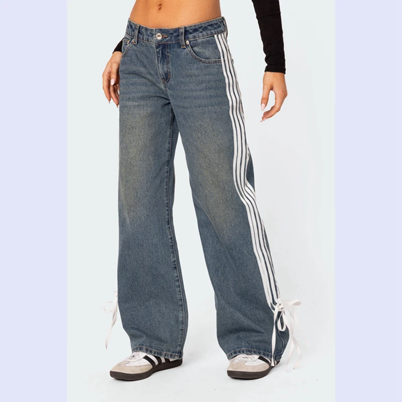 Channel Streetwear Y2K Girl Boyfriend Jeans For Ladies Stripe Side Bow Flared Straight Leg Denim Jeans 2024