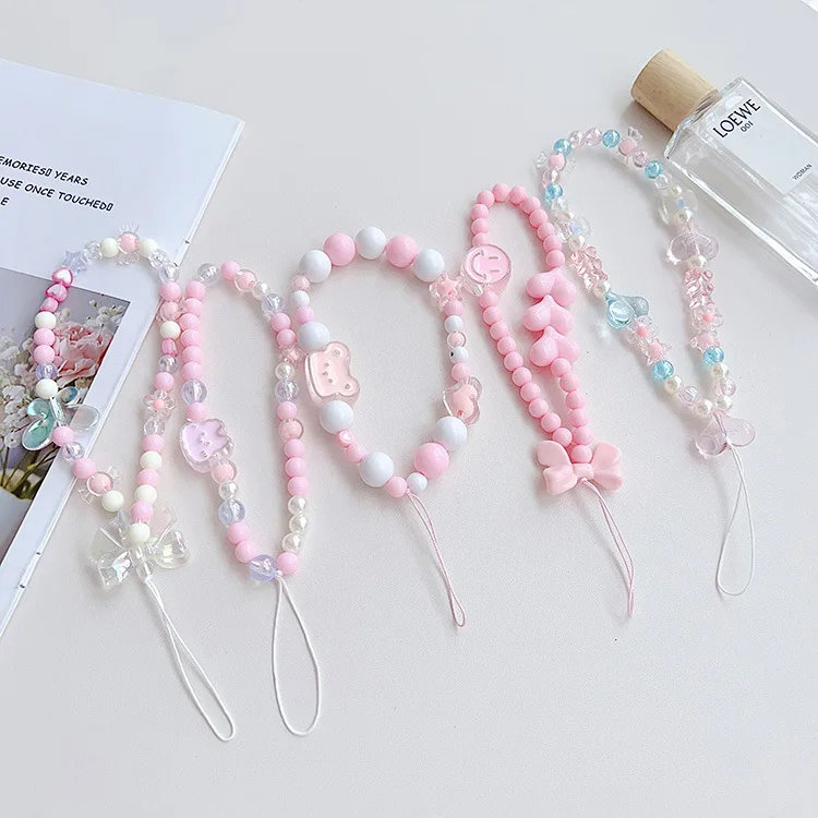 Cute Girl Style Phone Chain Pink Sweet Beaded Love Bow Phone Case Pendant