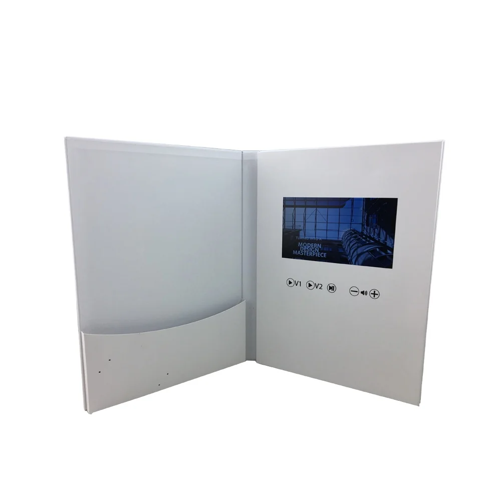 
White A4 Hardcover 7inch LCD Video Brochure with Pocket For Business Promotion 