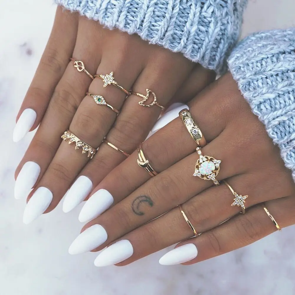 Boho Vintage Gold Star Midi Moon Rings Set For Women Opal Crystal Midi Finger Ring 2021 Female Bohemian Jewelry Gifts