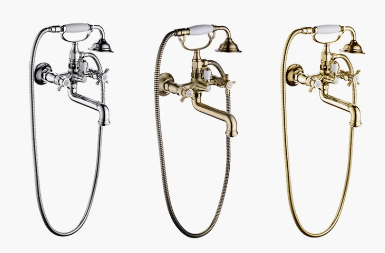 Luxury  Antique Brass Dual Handle Bathtub Faucet Classic Telephone Handheld Shower Wall Mounted Bathroom Tub Mixer Tap
