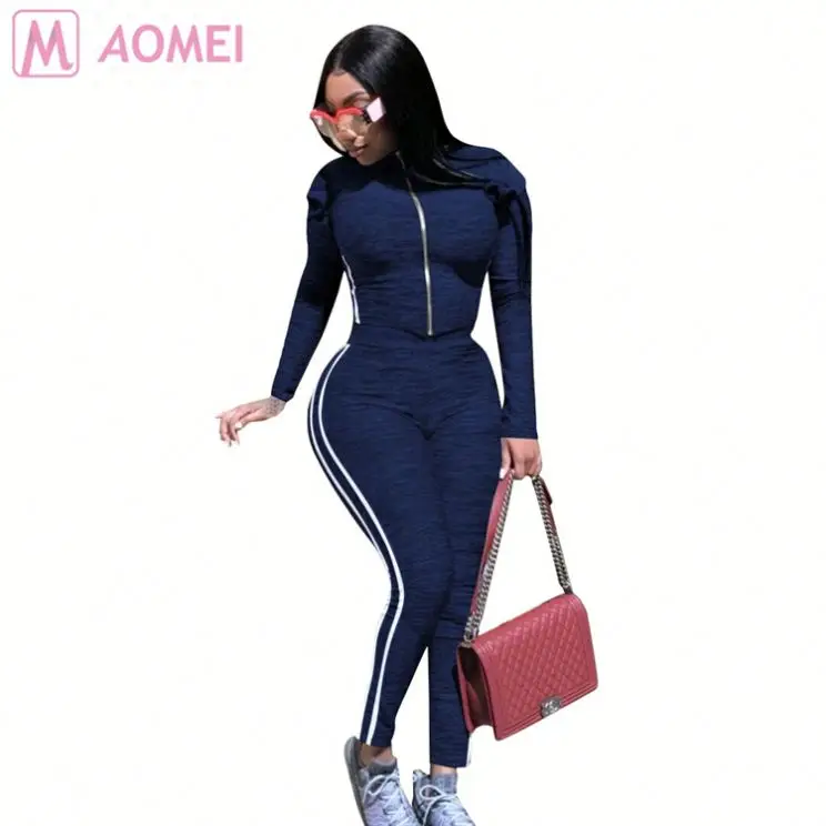 
M6023 wholesale new side stripe zipper front leisure tracksuit Pant 2 Piece Set Women Clothing 