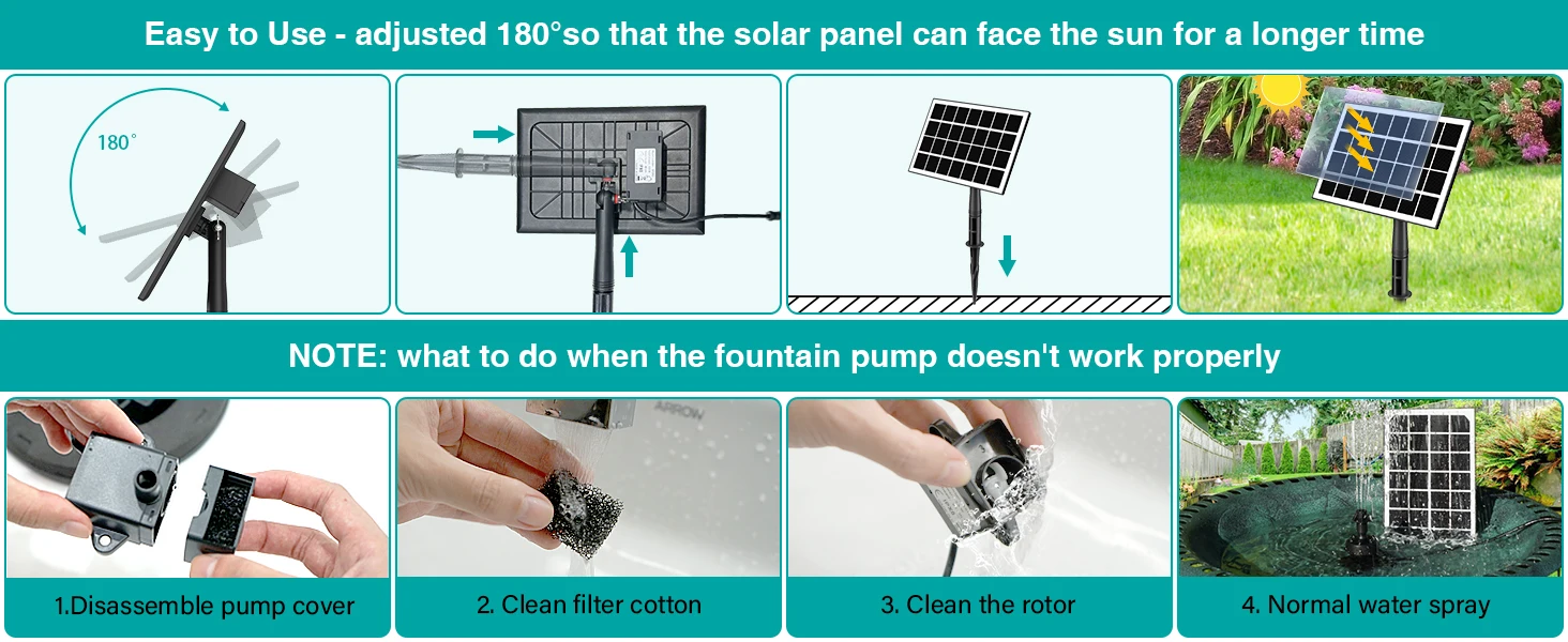 Solar Fountain Pump 2023 Upgraded 100% Glass Panel with White LED Lights 40CM Power Cord for Bird Bath 2000mAh Battery included