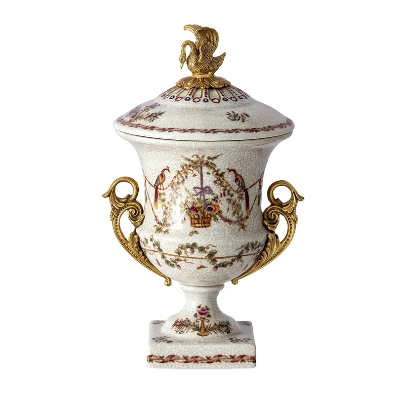 European antique luxury brass base vase handle trophy cup hotel home decoration ceramic