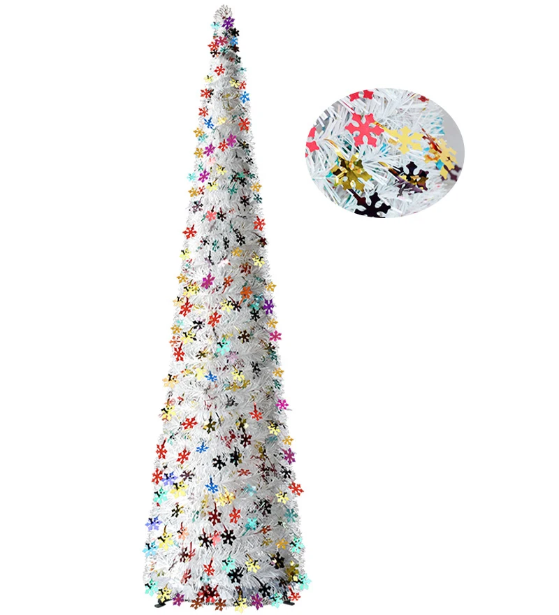 5ft Fake Reusable Folding Christmas Tinsel Tree with Easy-Assembly Stand Coastal Glittery Snowflake for Xmas Party Display Decor