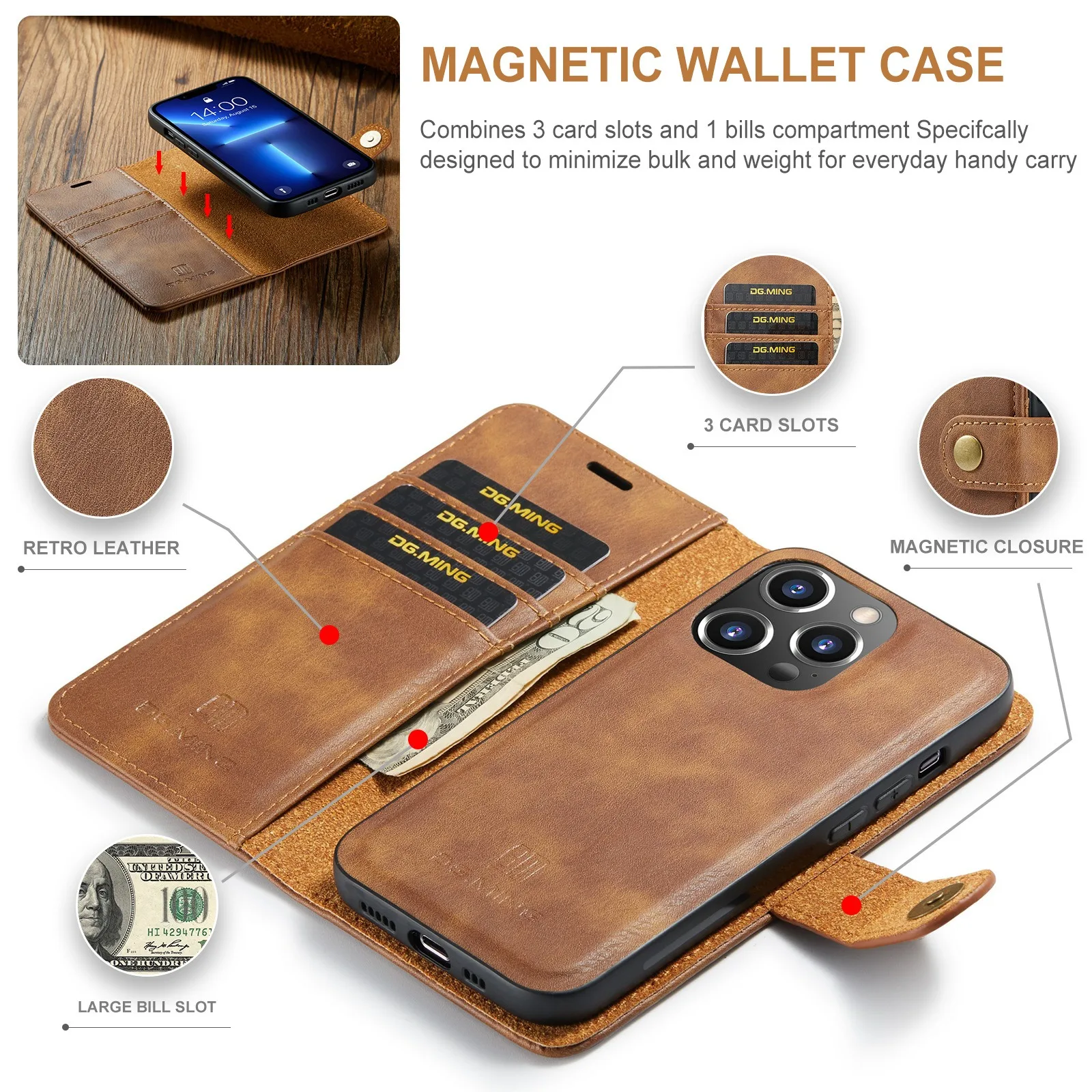 Bagsplaza 2 in 1 Detachable Back Cover Leather Mobile Case For iPhone 11 12 13 14 15 Pro  Magnetic Cell Phone case