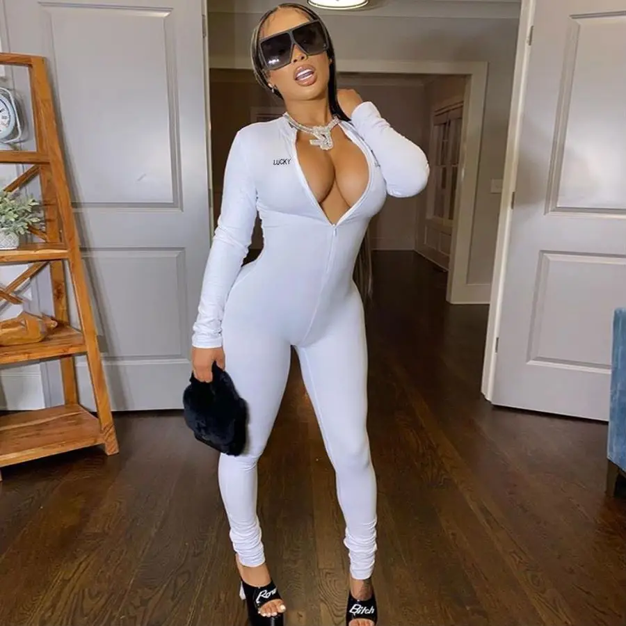 2021Embroidery Solid women one piece jumpsuits and rompers autumn Stacked Zipper lucky label jumpsuit