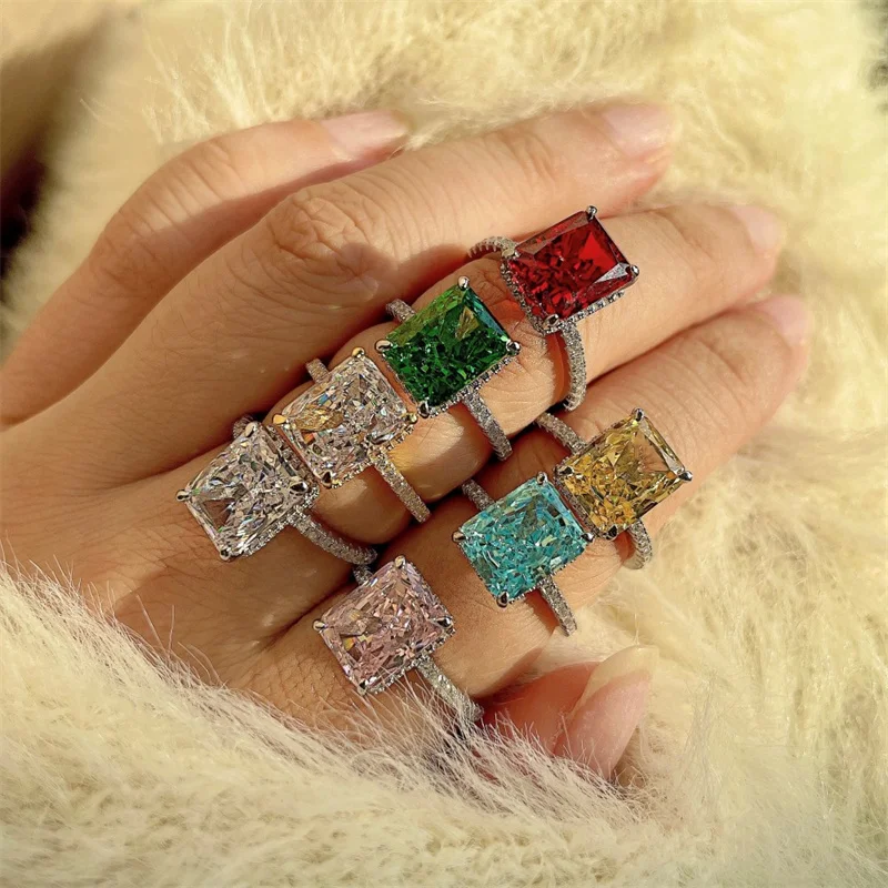 Silver French super flash square diamond 8A ice flower cut zirconia simulation diamond ring female ins niche design couple ring